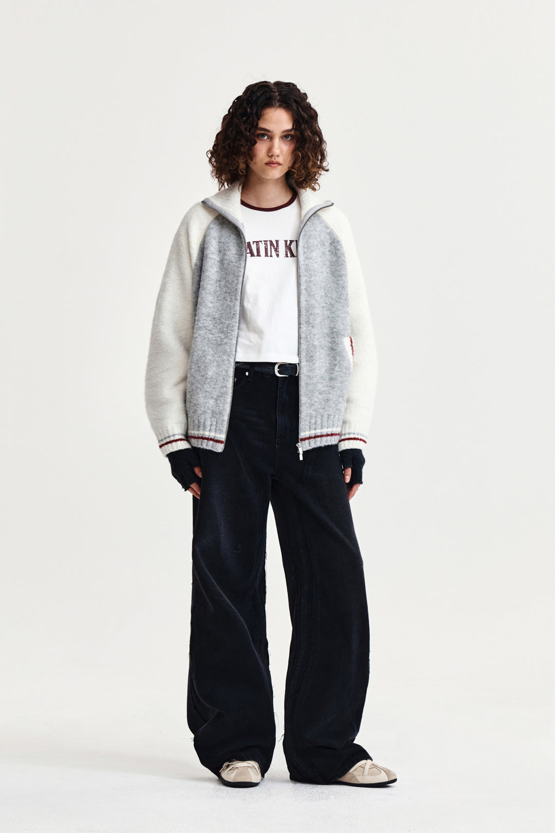Matin Kim High Neck Raglan Zip Knit — Ivory