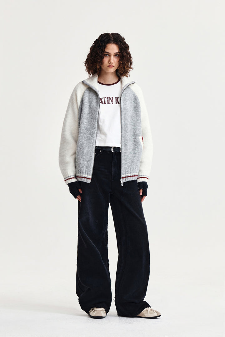 Matin Kim High Neck Raglan Zip Knit — Ivory