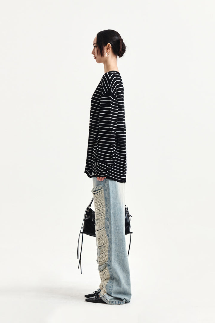 Matin Kim Stripe Damaged Loose Pullover — Black
