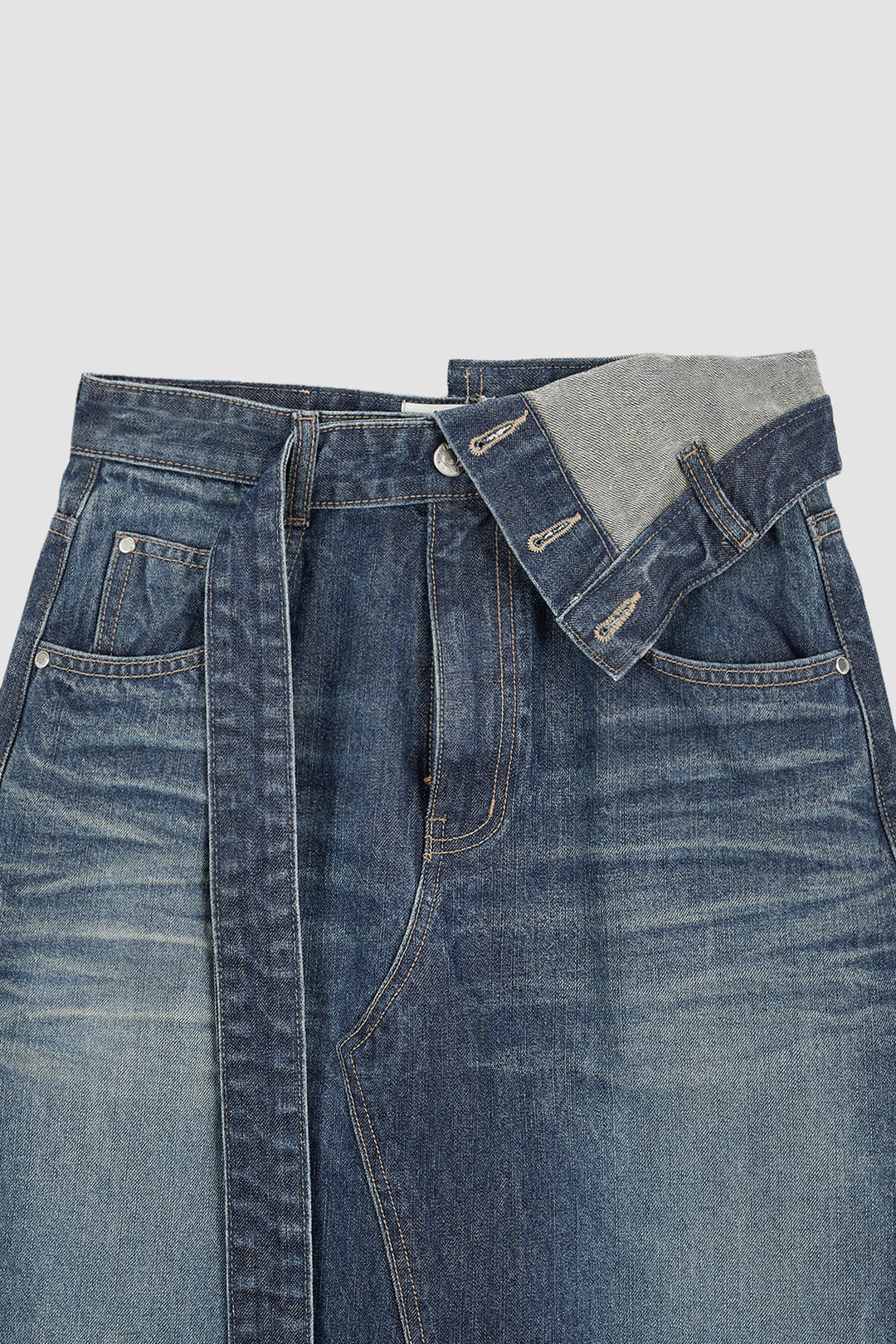 KIMMATIN Foldover Vintage Washed Denim Skirt — Blue