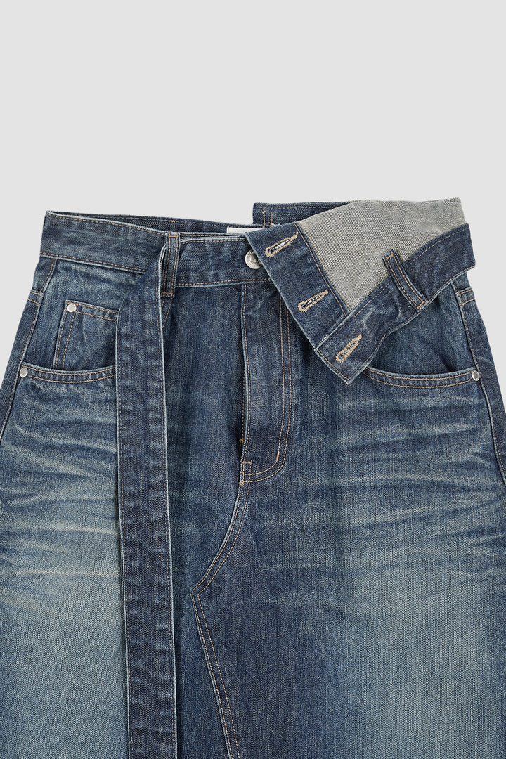 KIMMATIN Foldover Vintage Washed Denim Skirt — Blue