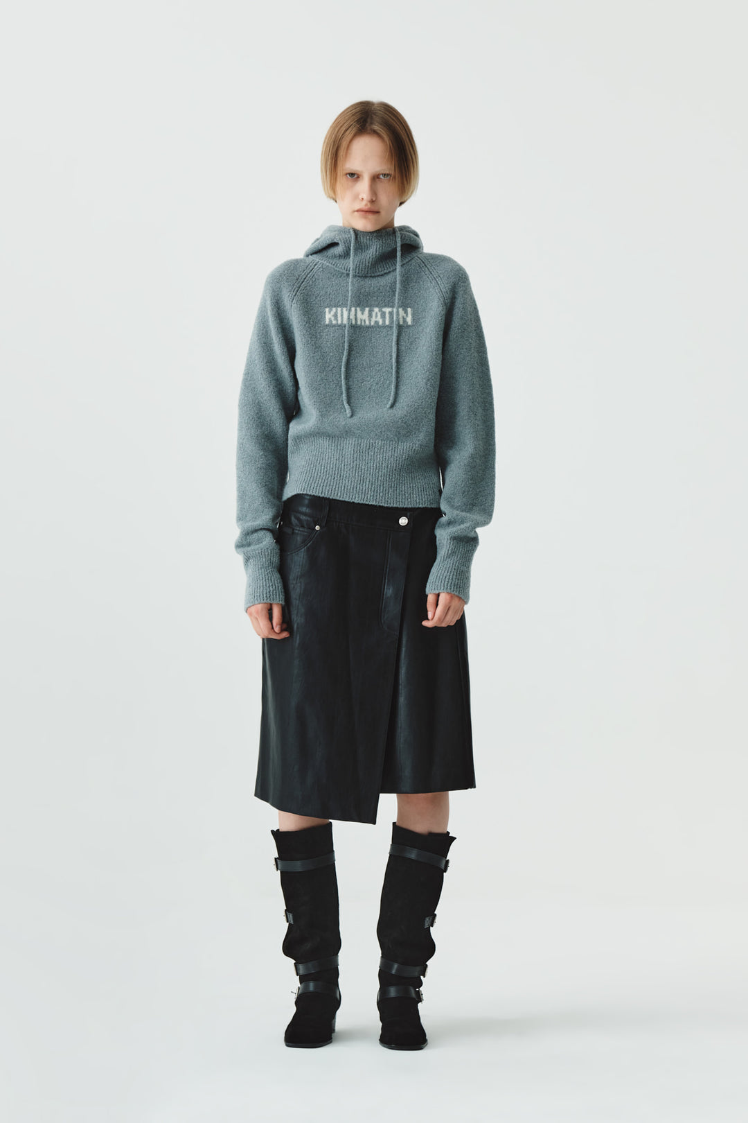 KIMMATIN Turtle Hoody Boucle Knit Top — Gray