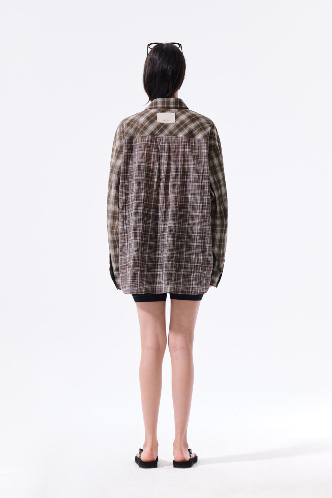 Matin Kim Mixed Check Overfit Shirt — Brown