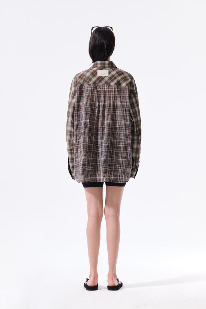 Matin Kim Mixed Check Overfit Shirt — Brown