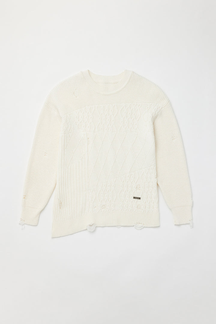 KIMMATIN Cable Mix Damage Knit Pullover — Ivory