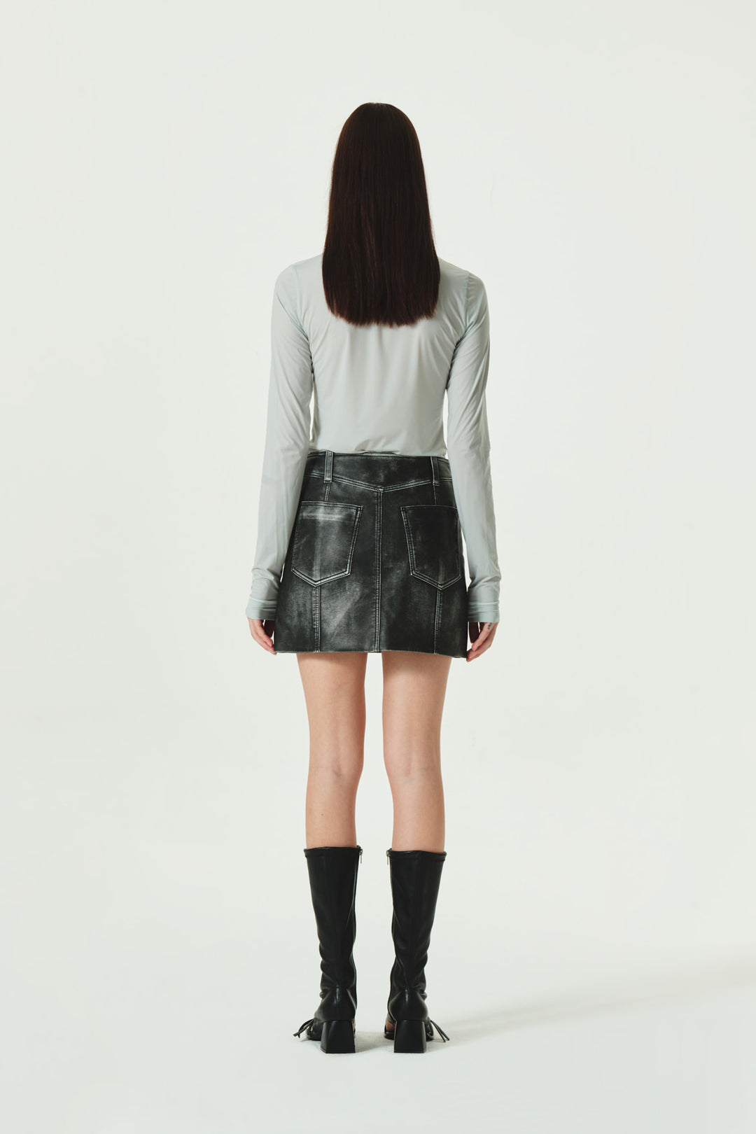 KIMMATIN Washed Faux Leather Mini Skirt — Gray