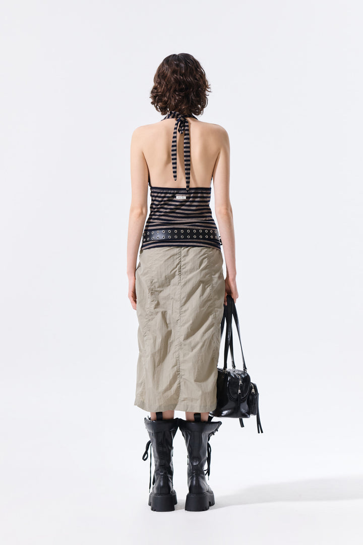 Matin Kim Nylon Shirring Midi Skirt — Khaki
