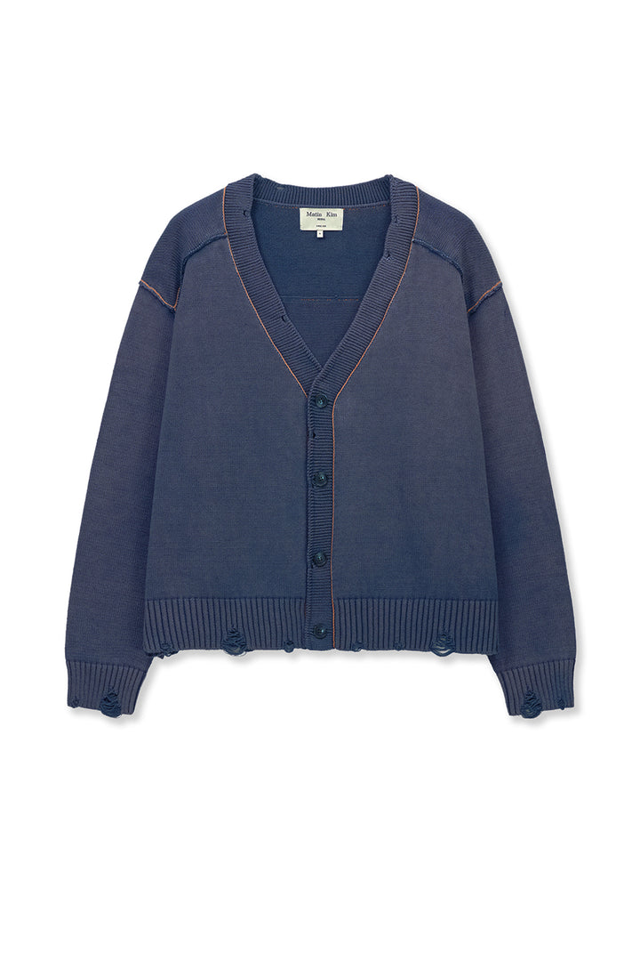 Matin Kim Back Logo Line Point Knit Cardigan — Blue