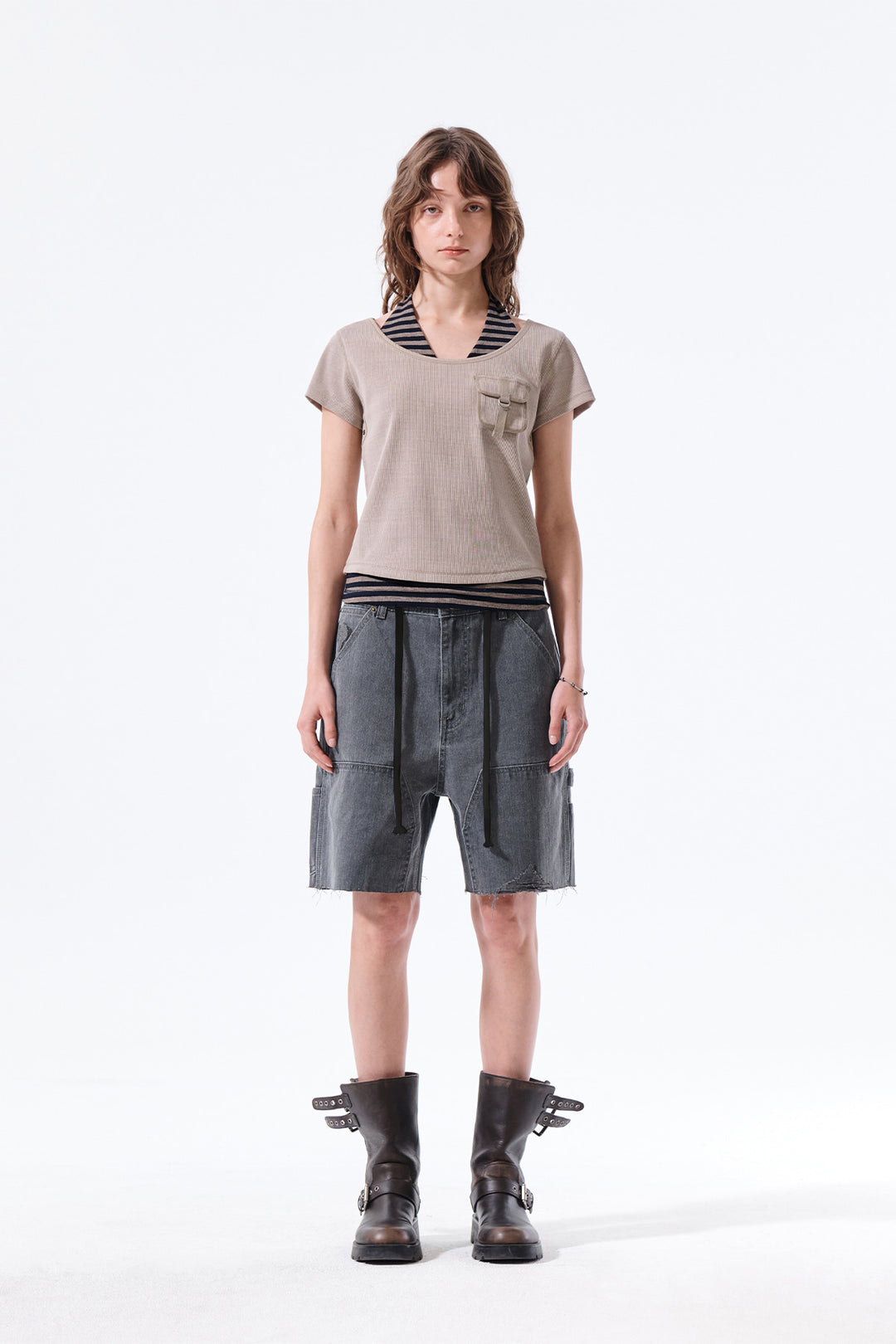 Matin Kim Herringbone Raw Cut Denim Shorts — Gray