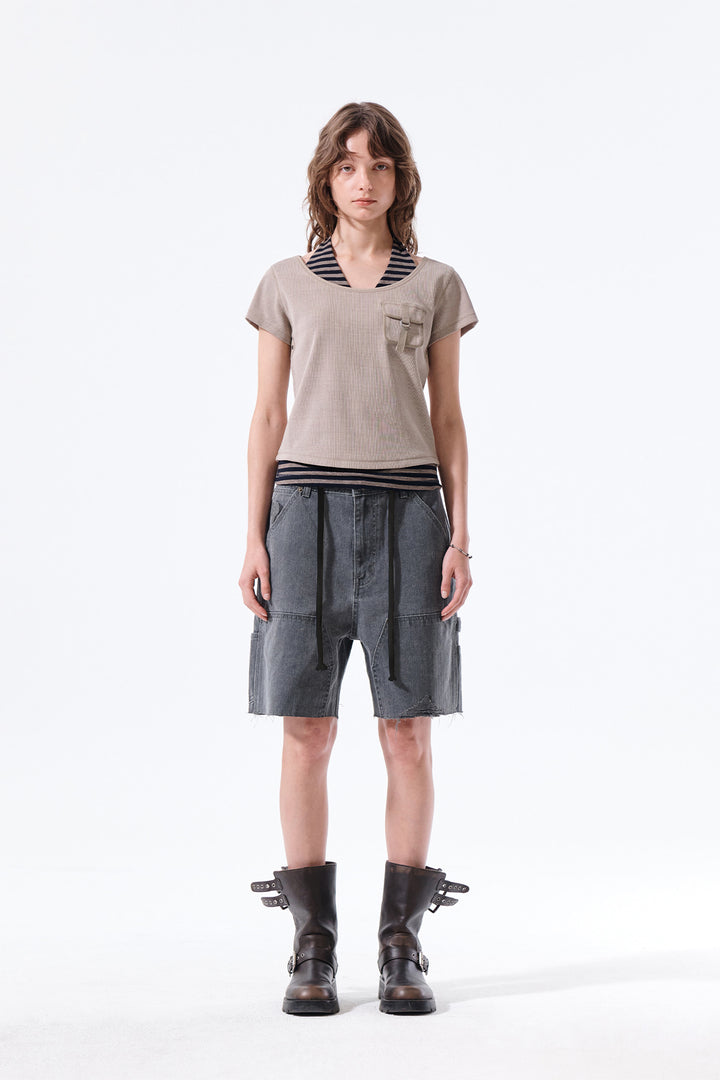 Matin Kim Herringbone Raw Cut Denim Shorts — Gray