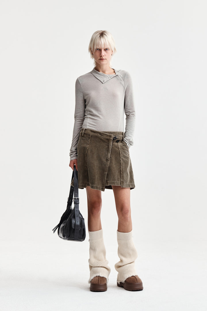 Matin Kim Button Slit Half Neck Top — Beige