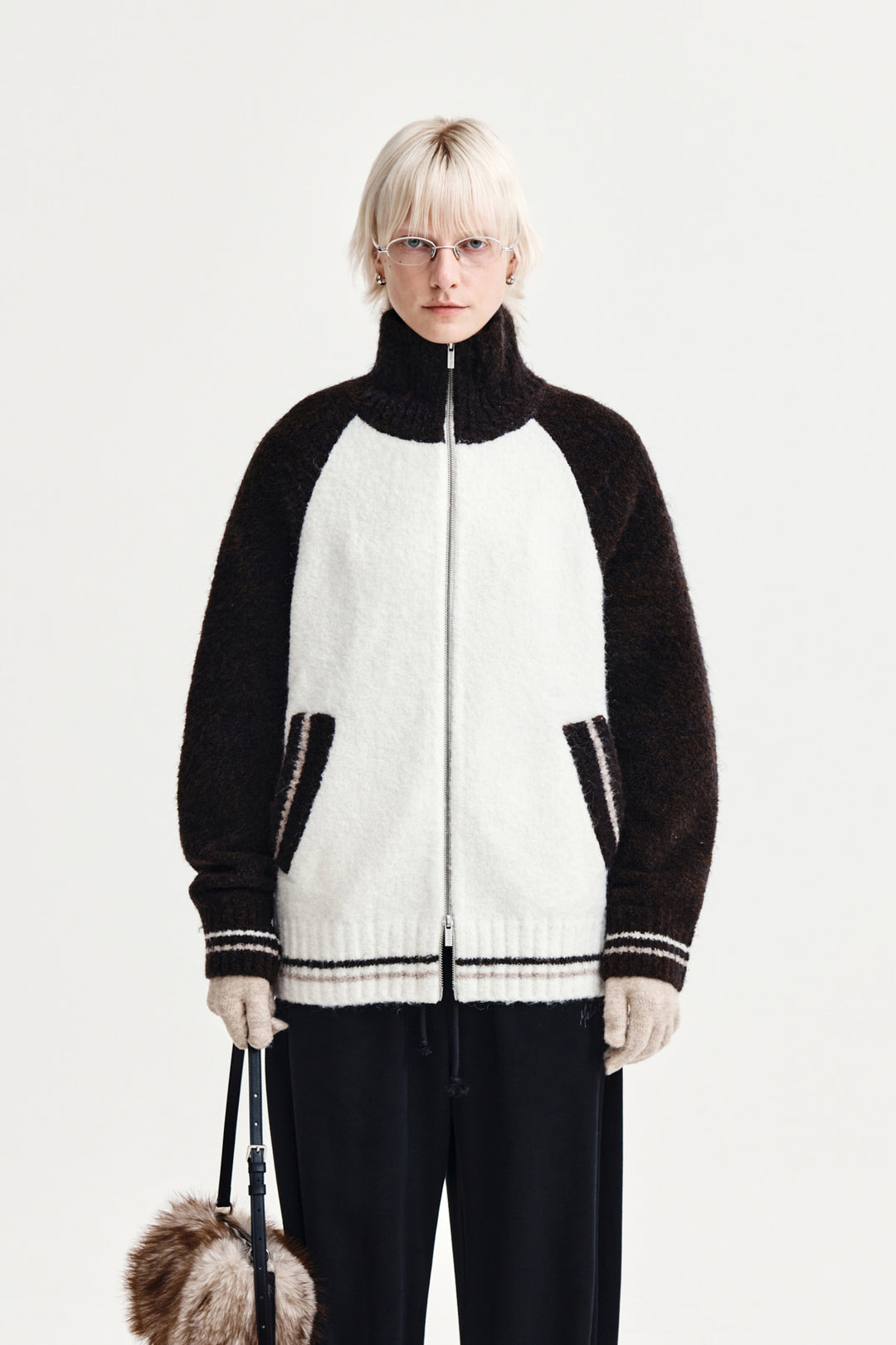 Matin Kim High Neck Raglan Zip Knit — Brown