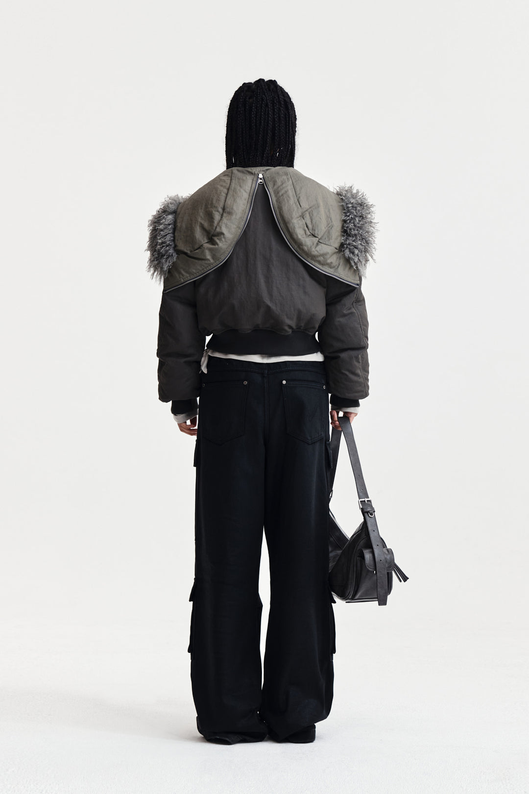 Matin Kim Fur Hoody Bomber Down Jumper — Gray