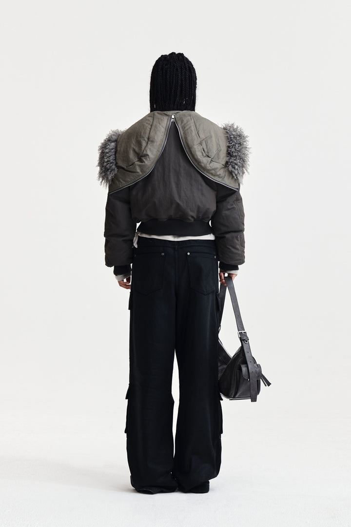 Matin Kim Fur Hoody Bomber Down Jumper — Gray