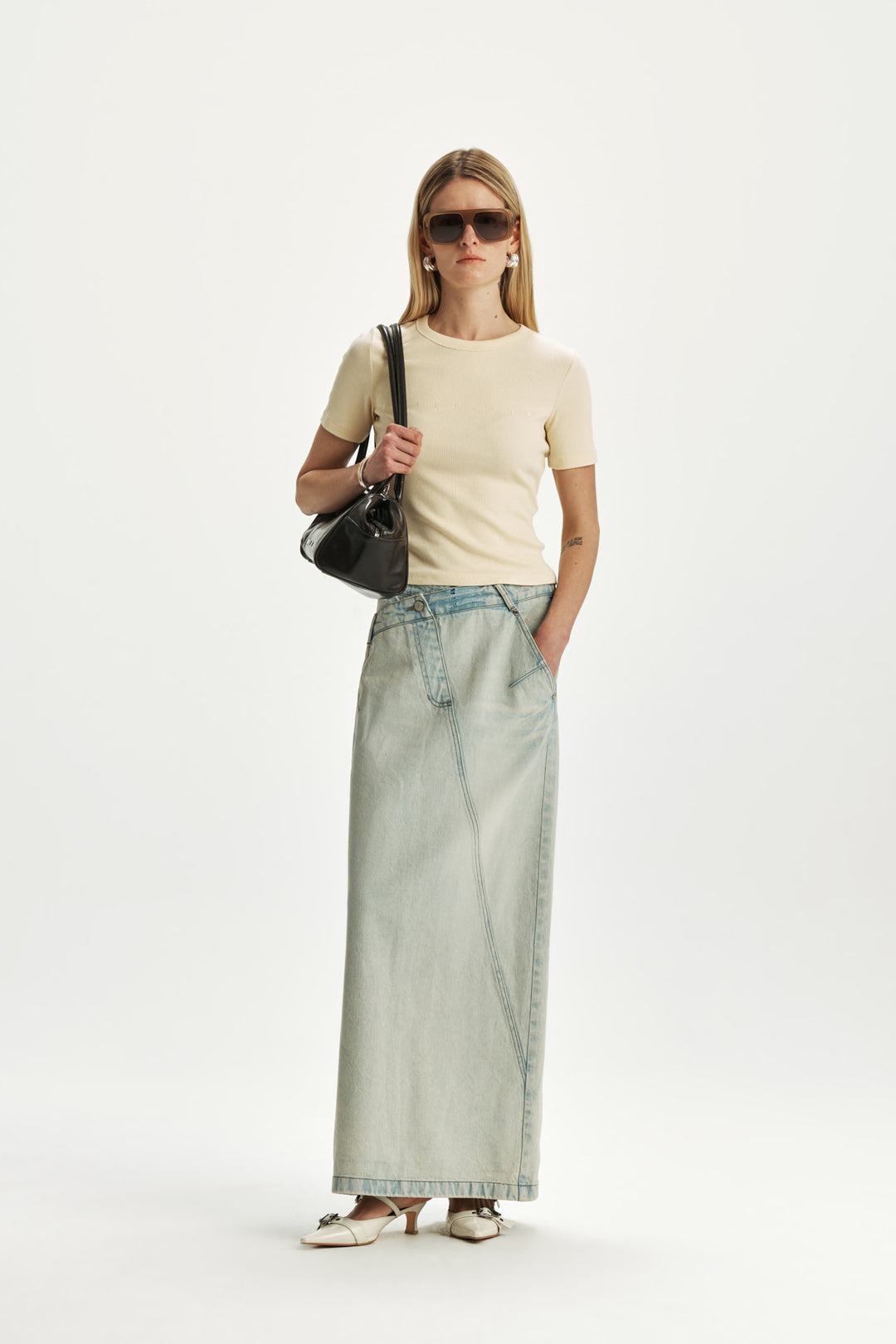 KIMMATIN Waist Point Denim Maxi Skirt — Light Blue