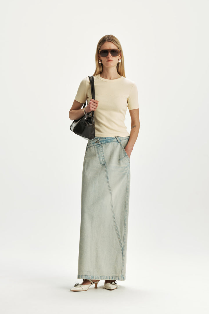 KIMMATIN Waist Point Denim Maxi Skirt — Light Blue