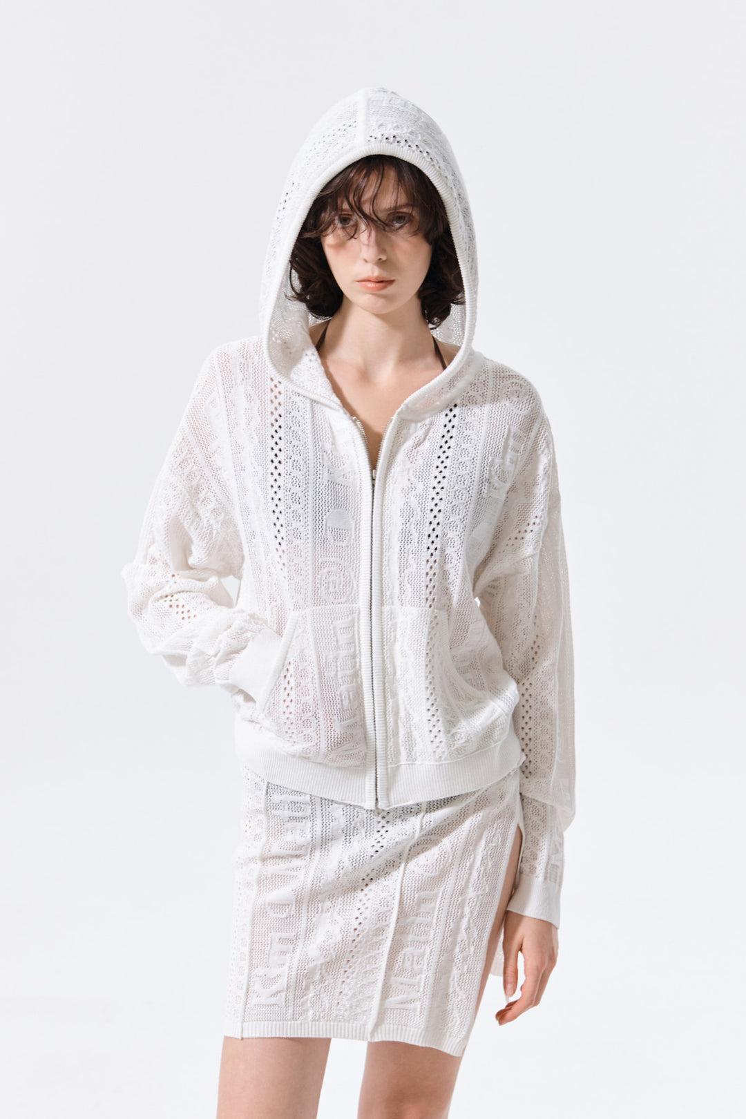 Matin Kim Mesh Logo Knit Zip Hoody — White