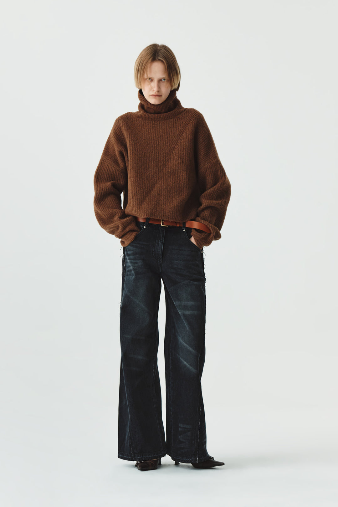 KIMMATIN Wool Blended High Neck Crop Pullover — Brown