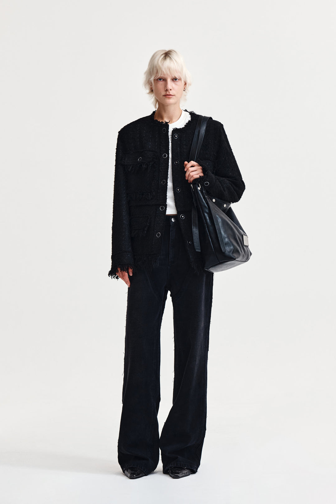 Matin Kim Two Way Collarless Tweed Jacket — Black