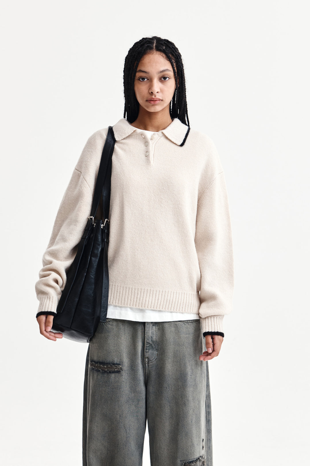 Matin Kim Back Logo Collar Knit Top — Ivory