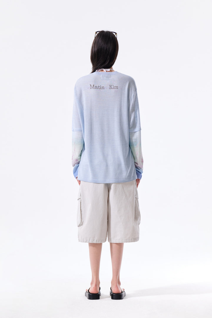Matin Kim Sleeve Print Knit Pullover — Light Blue