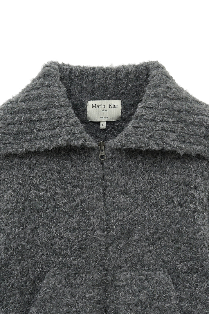 Matin Kim Boucle Knit Zip-Up Cardigan — Charcoal