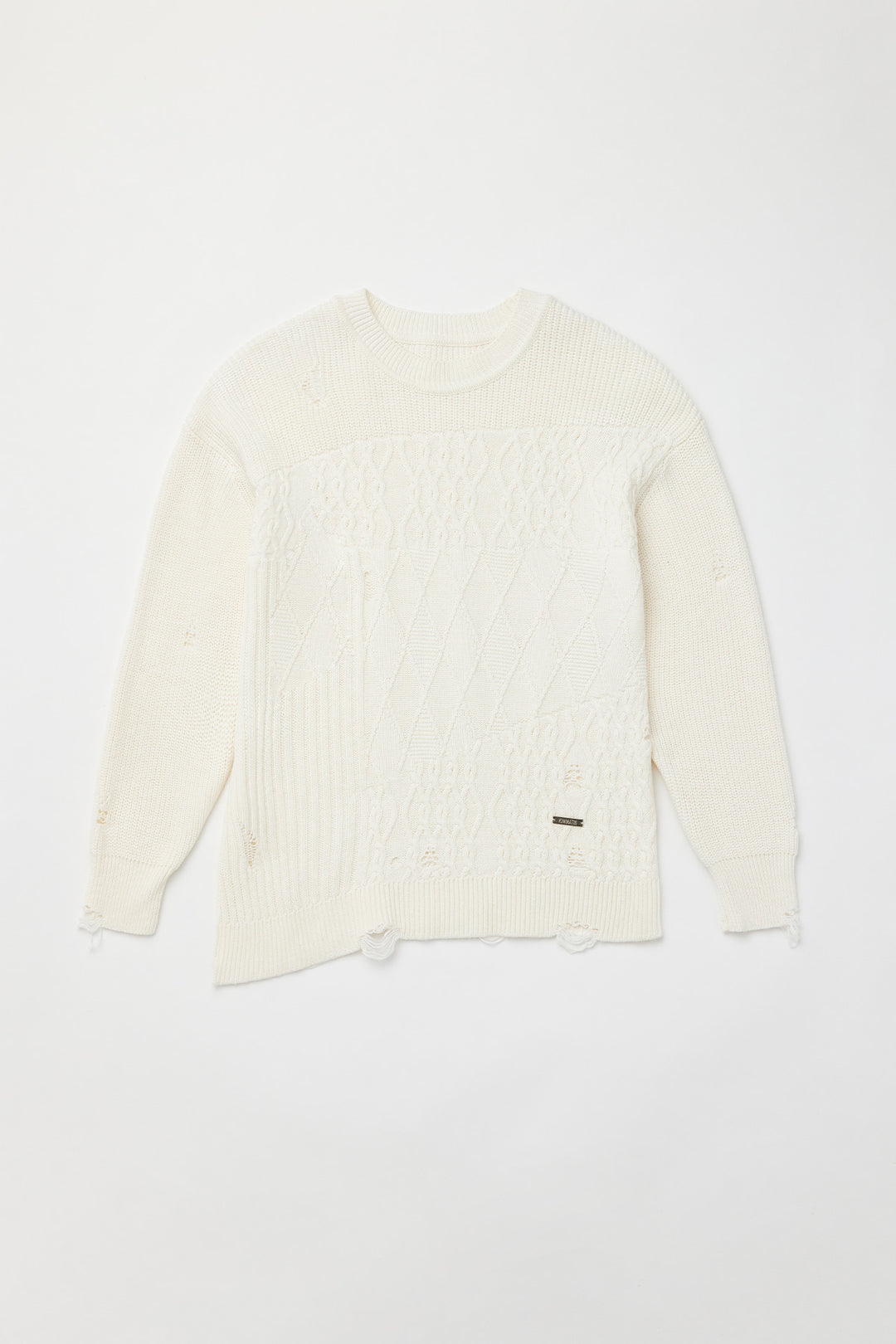 KIMMATIN Cable Mix Damage Knit Pullover — Ivory