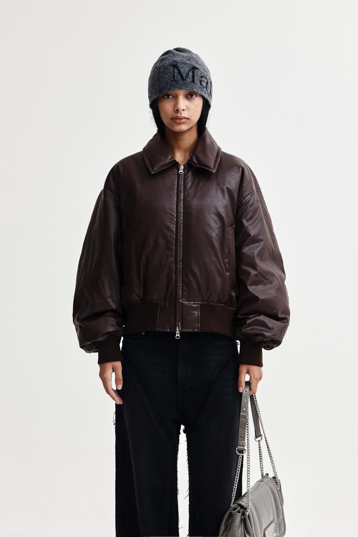 Matin Kim Faux Leather Down Jumper — Brown