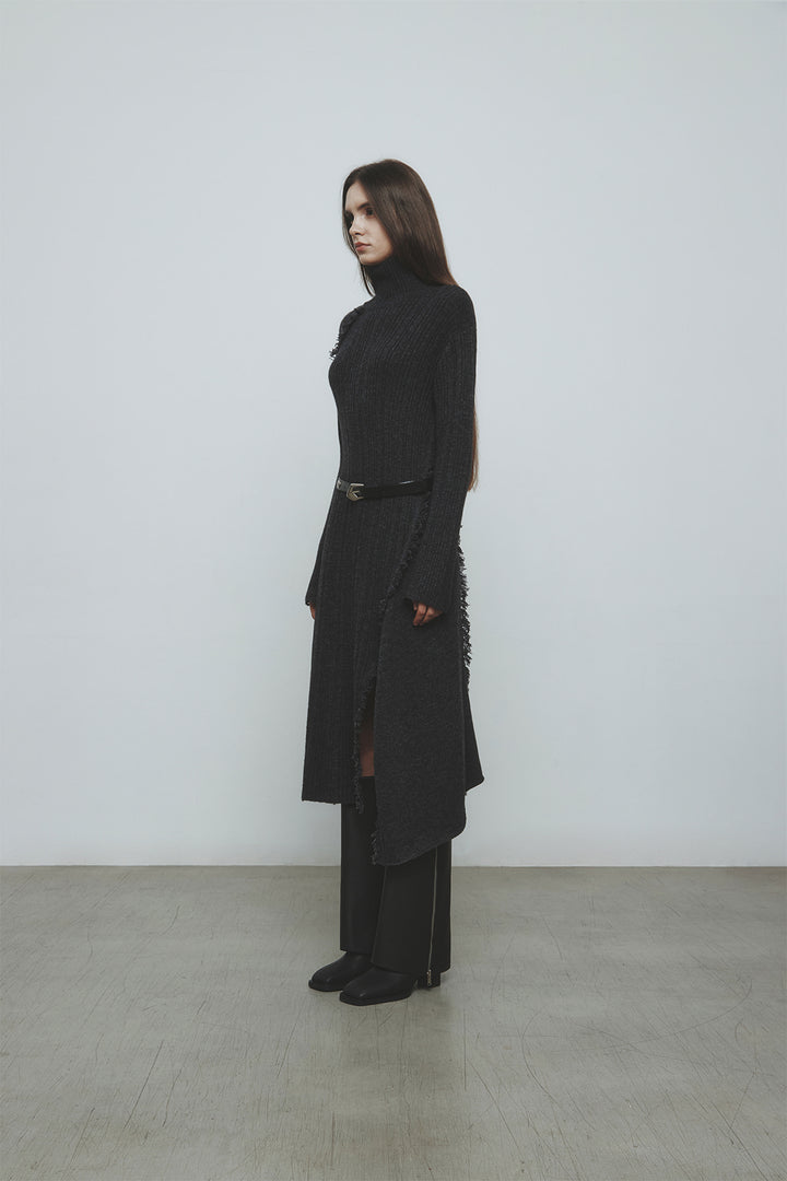KIMMATIN Unbalance Fringe Knit Dress — Charcoal