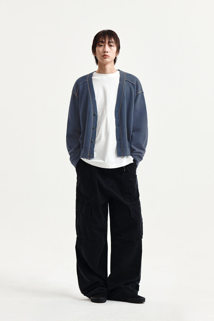 Matin Kim Back Logo Line Point Knit Cardigan — Blue