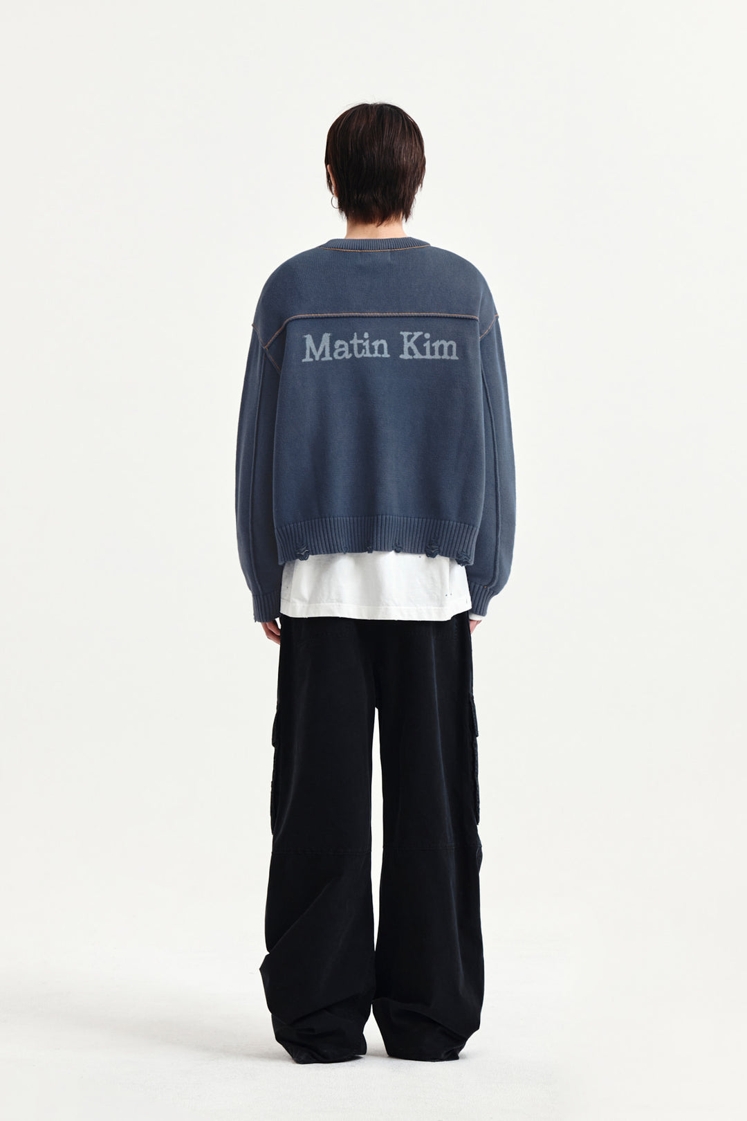 Matin Kim Back Logo Line Point Knit Cardigan — Blue