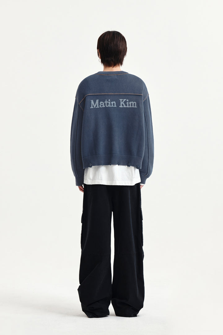 Matin Kim Back Logo Line Point Knit Cardigan — Blue