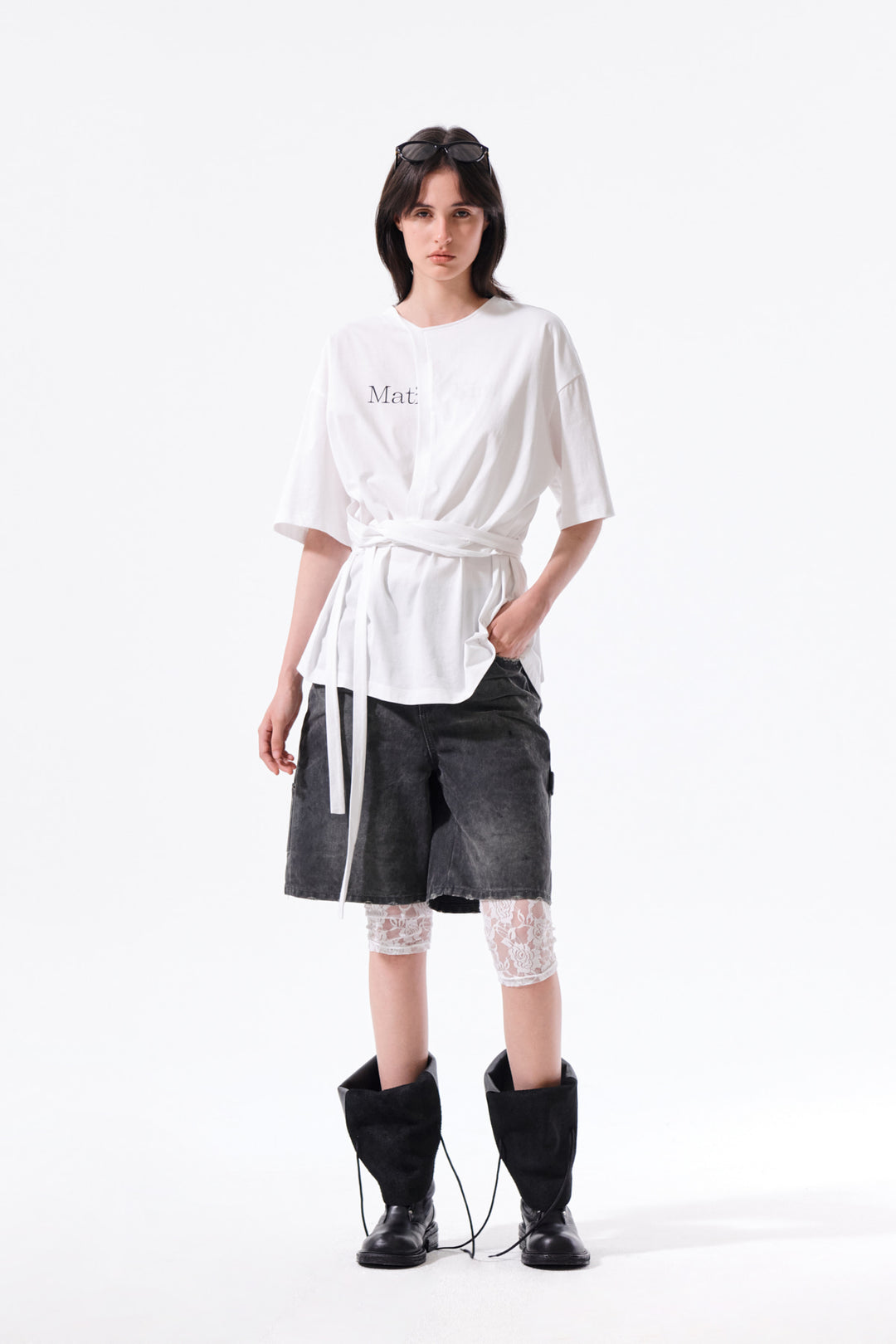 Matin Kim Tie Detail Draped Logo Top — White