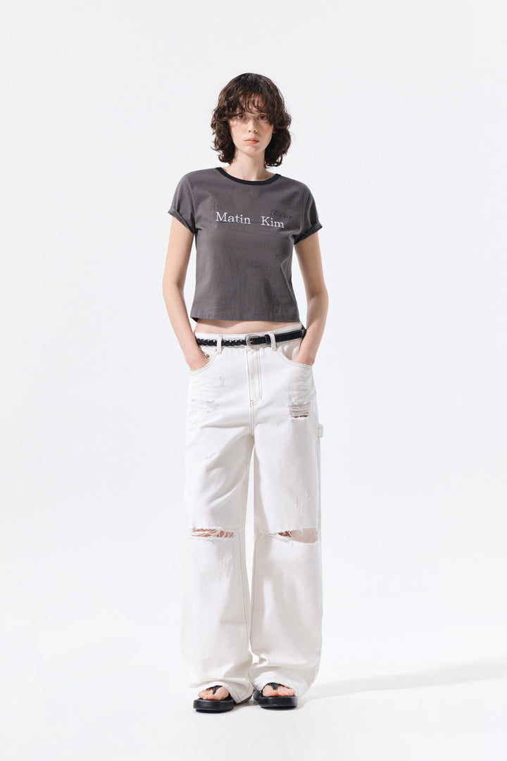 Matin Kim Tonal Rib Logo Crop Top — Charcoal