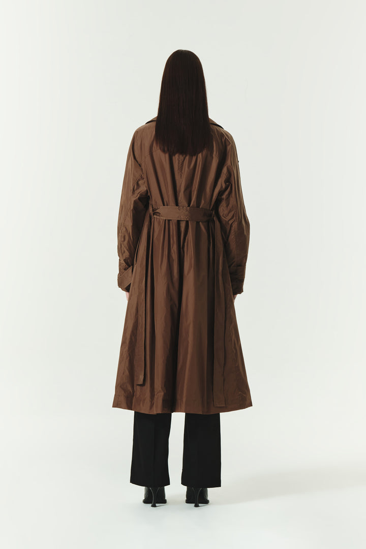 KIMMATIN Raglan Belted Nylon Trench Coat — Brown