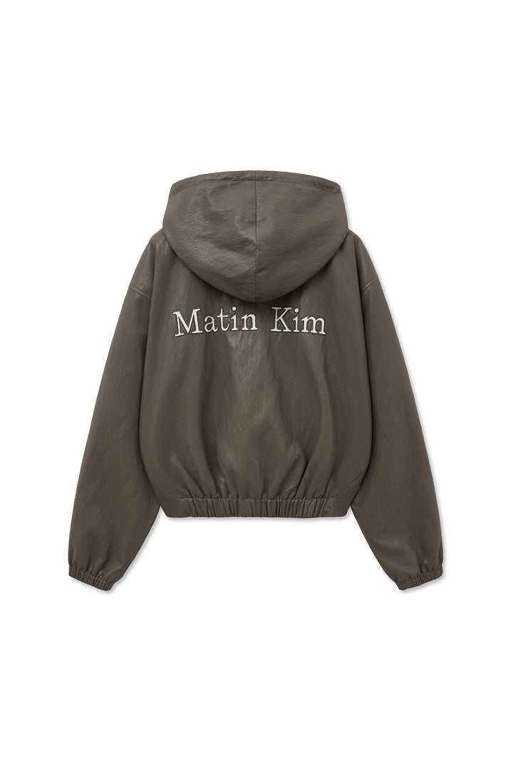 Matin Kim Faux Leather Hoody Crop Jumper — Brown