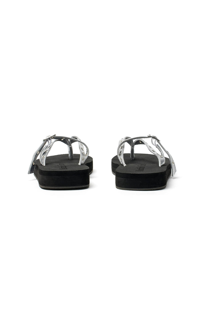 Matin Kim Buckle Eyelet Slippers — Silver