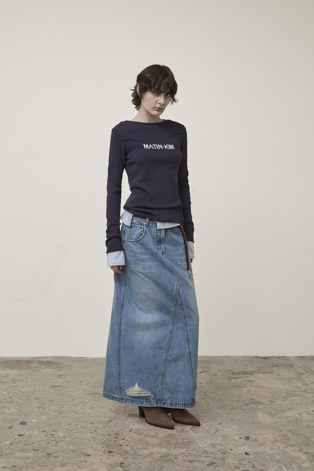 Matin Kim Glitter Slim Logo Knit Top — Navy blue