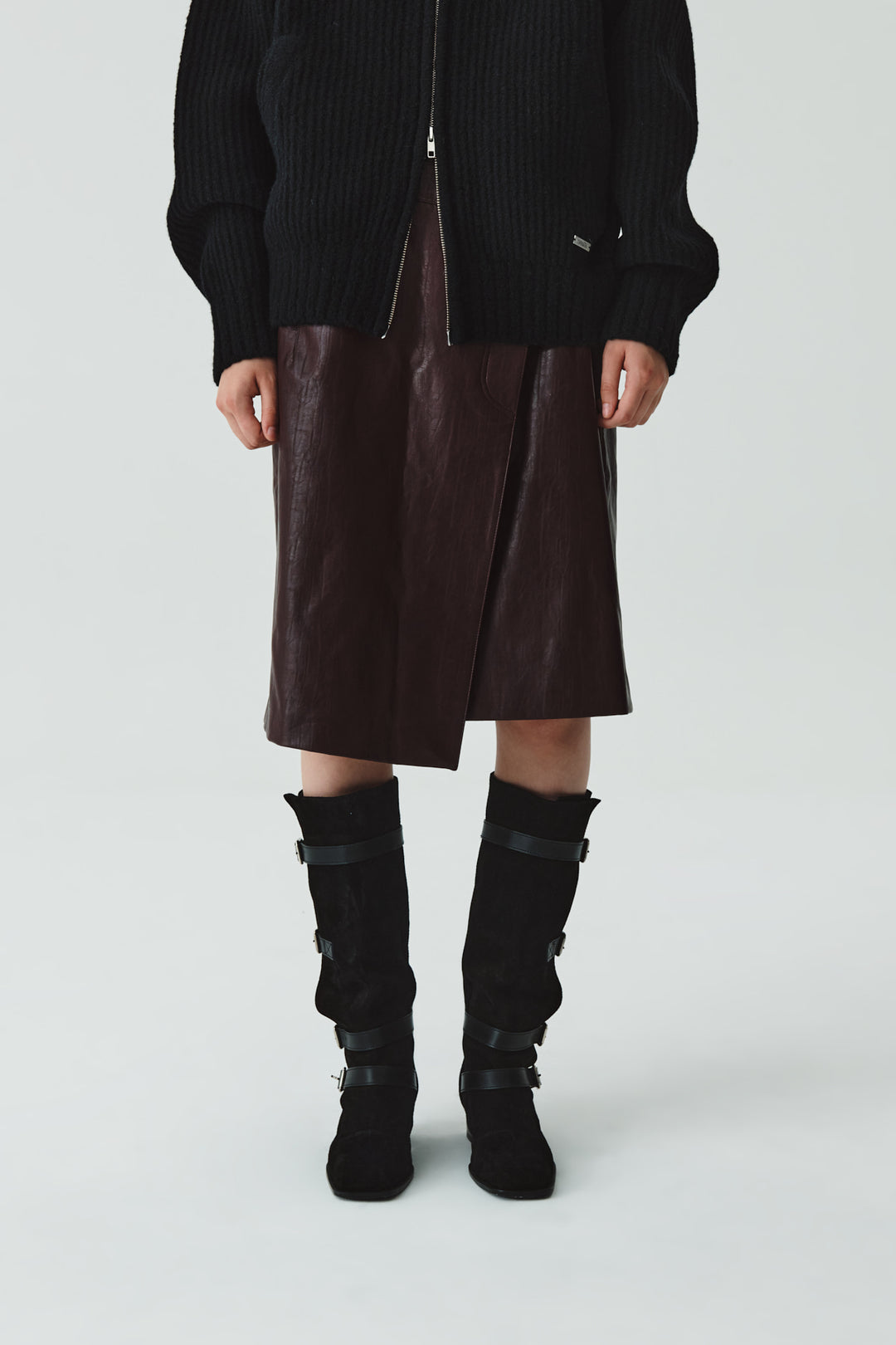 KIMMATIN Faux Leather Midi Wrap Skirt — Burgundy