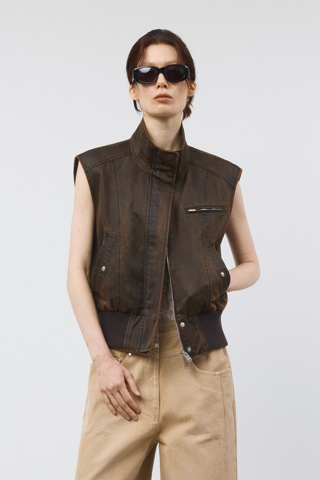 KIMMATIN Washed Blouson Vest — Brown