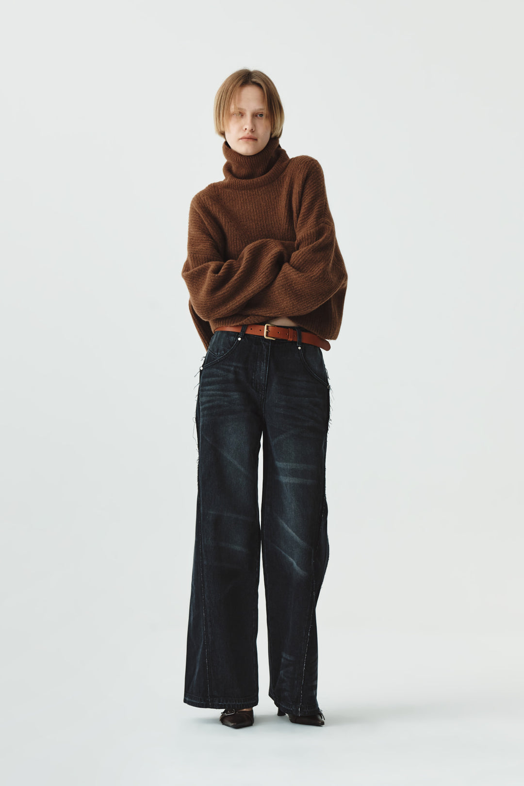 KIMMATIN Wool Blended High Neck Crop Pullover — Brown