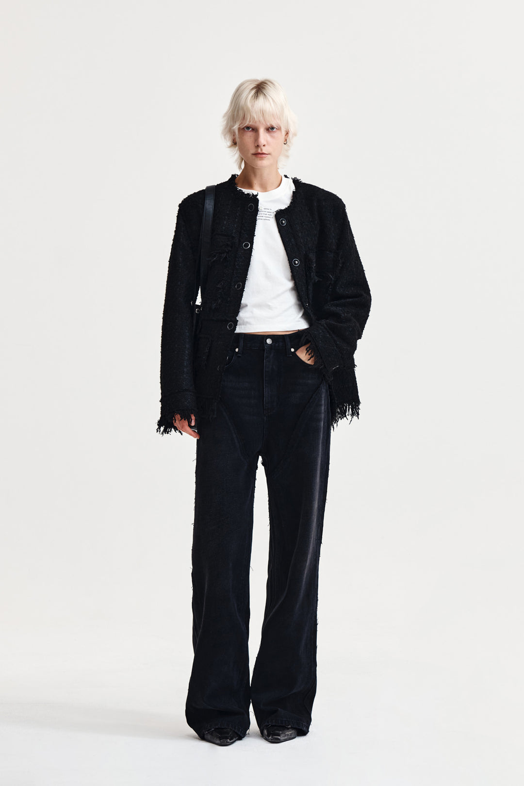 Matin Kim Two Way Collarless Tweed Jacket — Black