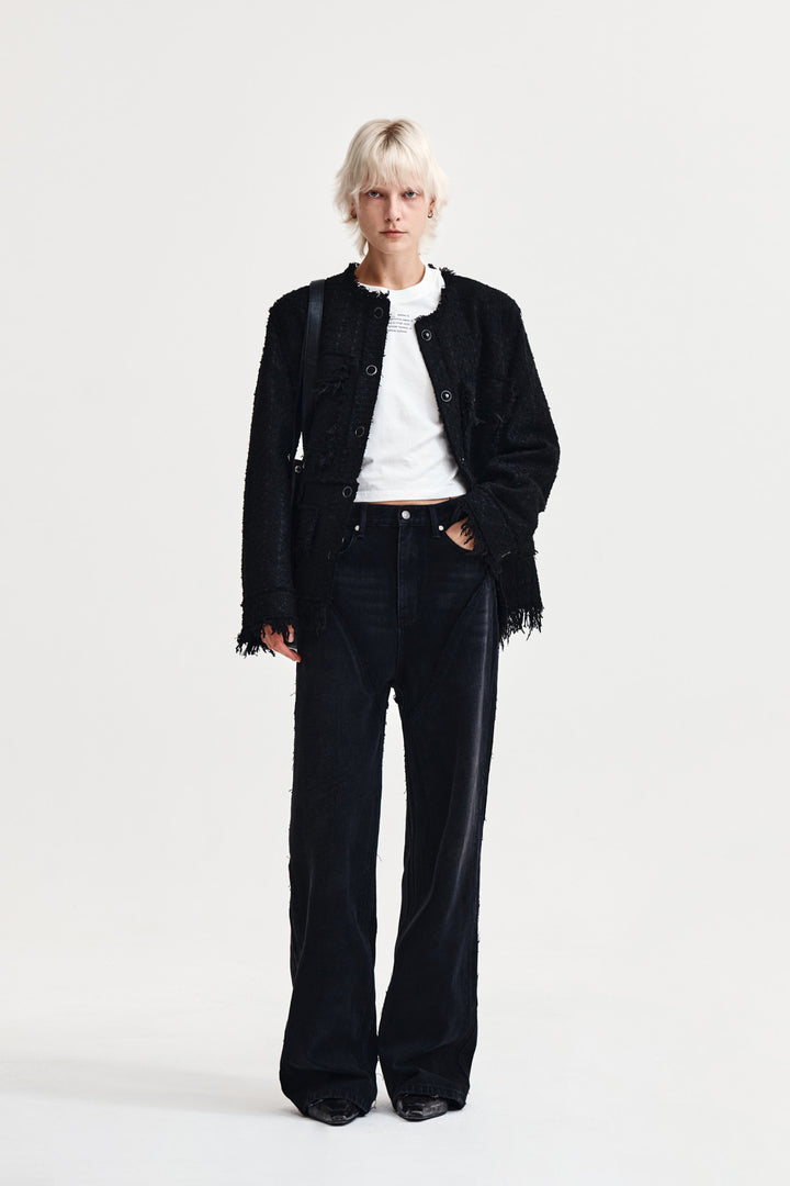 Matin Kim Two Way Collarless Tweed Jacket — Black