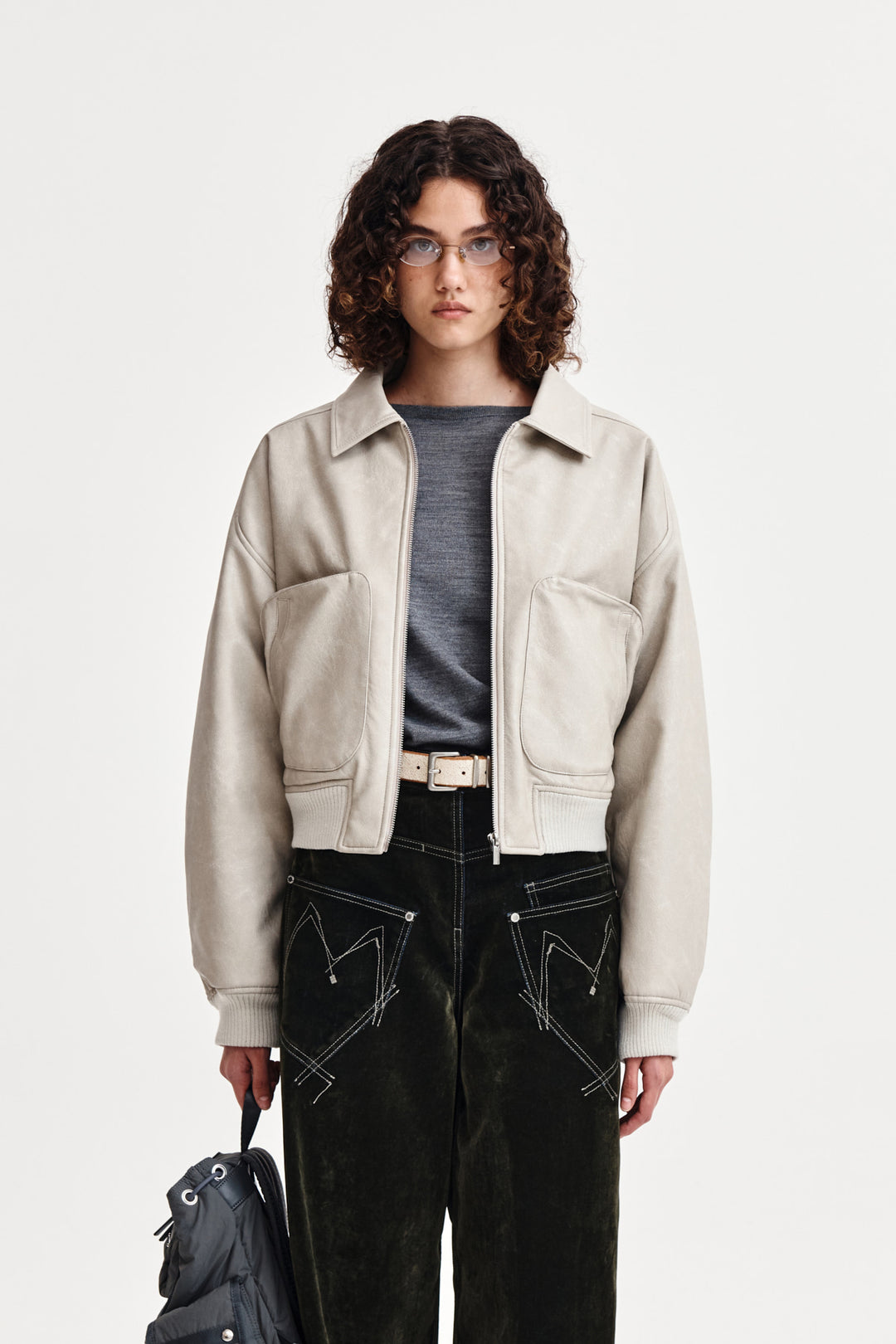 Matin Kim Faux Leather Overshirt — Light Grey
