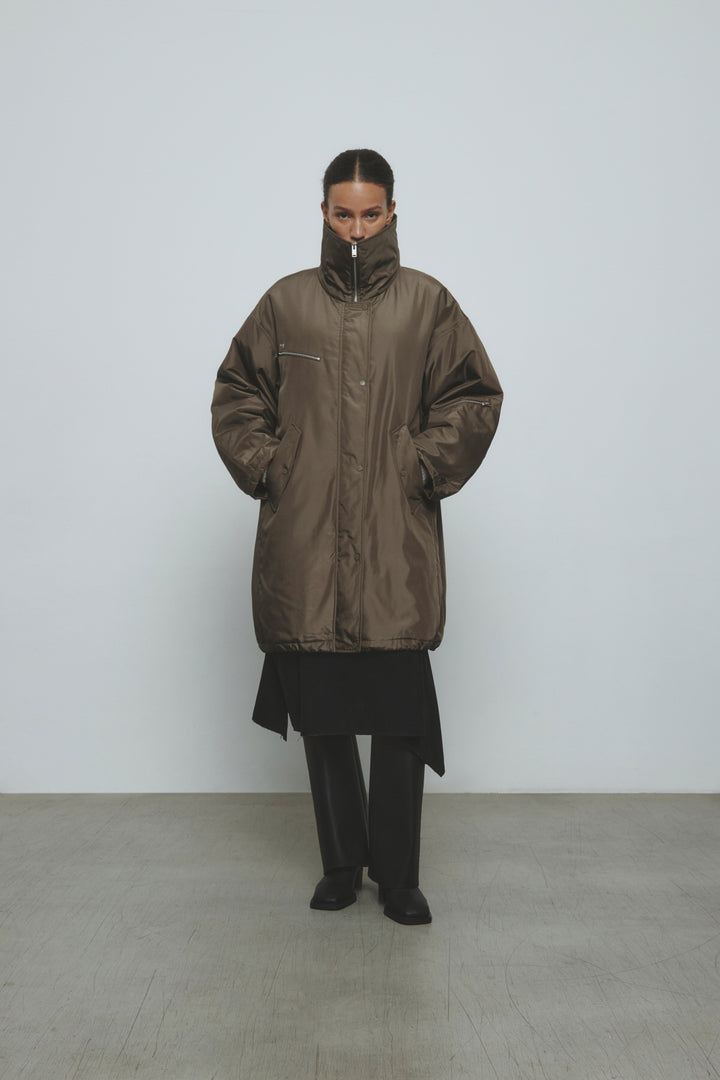 KIMMATIN Highneck Oversize Padded Jumper — Khaki