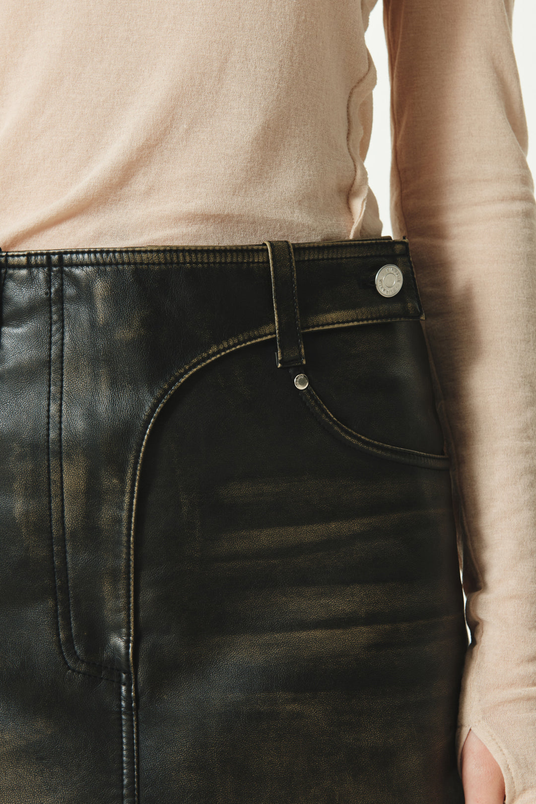 KIMMATIN Washed Faux Leather Mini Skirt — Brown