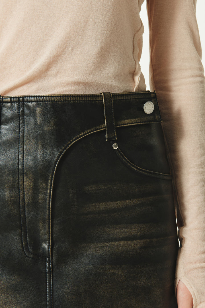 KIMMATIN Washed Faux Leather Mini Skirt — Brown