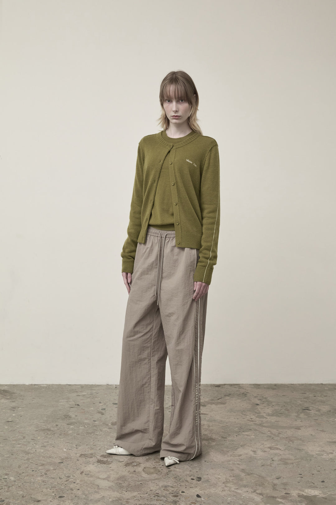 Matin Kim Cashmere Blended Round Knit Cardigan — Olive