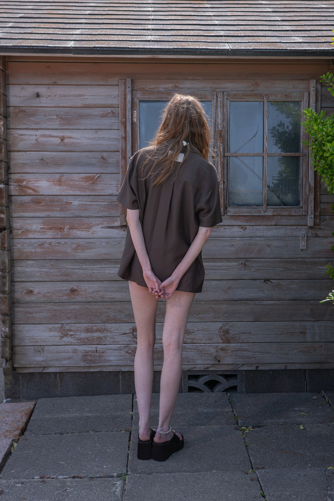 Matin Kim Unbalance Collar Half Shirt Khaki — Brown