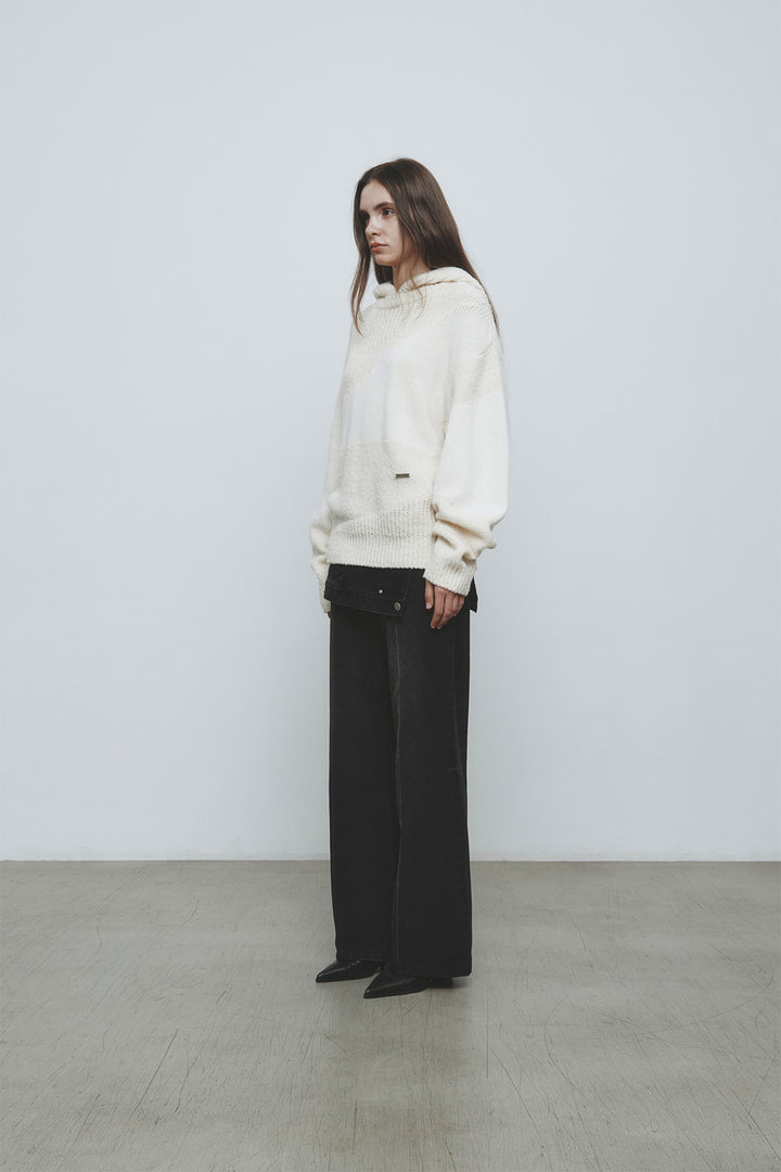 KIMMATIN Color Mix Unbalance Knit Hoody — Ivory